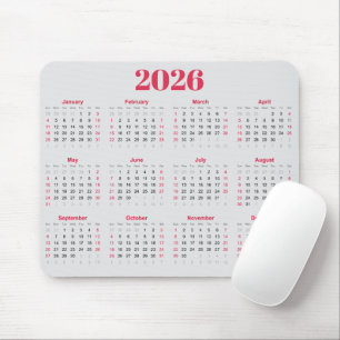 Mousepad Calendário 2026 simples em vermelho e cinza claro