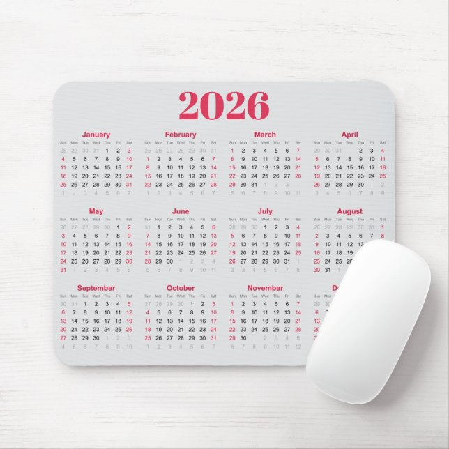 Mousepad Calendário 2026 simples em vermelho e cinza claro (Com mouse)