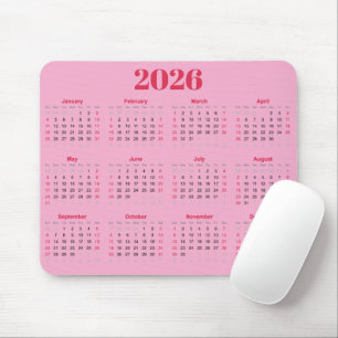 Mousepad Calendário 2026 simples em vermelho e rosa