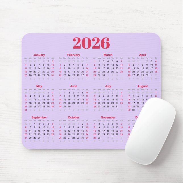 Mousepad Calendário 2026 simples vermelho e roxo (Com mouse)