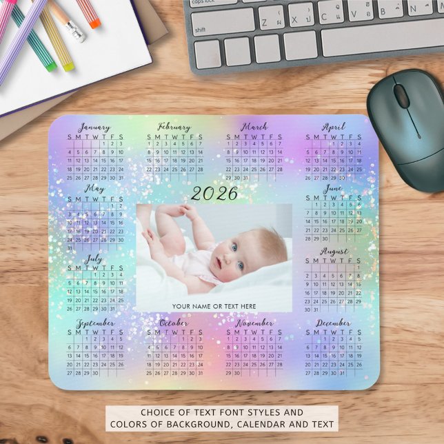 Mousepad Calendário 2026 - Um Foto - Script Glitter Rainbow (Criador carregado)