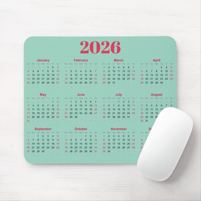 Mousepad Calendário 2026 vermelho e azul claro simples (Com mouse)
