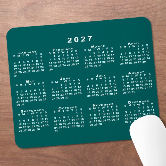 Mousepad Calendário 2027 Azul-Verde e Branco Simples (Simple Blue-Green and White 2027 Calendar Mouse Pad in situ)