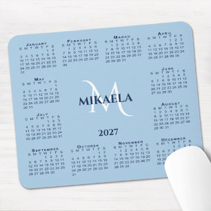 Mousepad Calendário 2027 Chic Monograma Nome Azul Claro