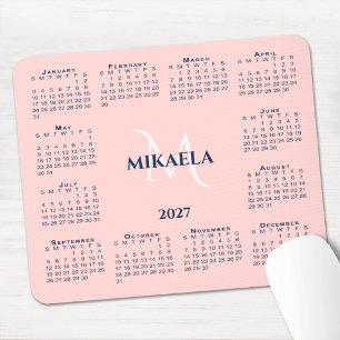 Mousepad Calendário 2027 Chic Monograma Nome Coral Rosa