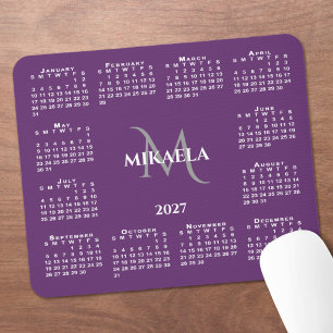 Mousepad Calendário 2027 Chic Monograma Nome em Roxo