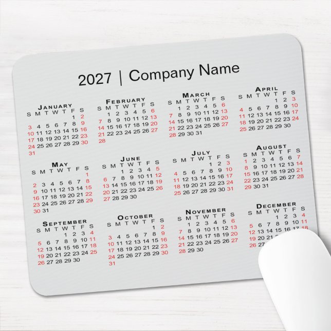 Mousepad Calendário 2027 com Nome da Empresa Cinza Claro (2027 Calendar with Company Name Light Grey Mouse Pad in situ)