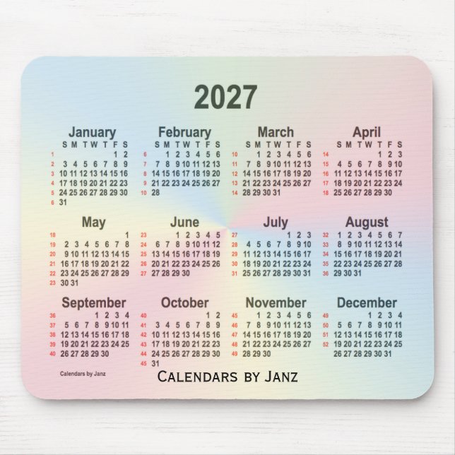 Mousepad Calendário 2027 da Rainbow Cloud 52 Semanas por Ja (Frente)