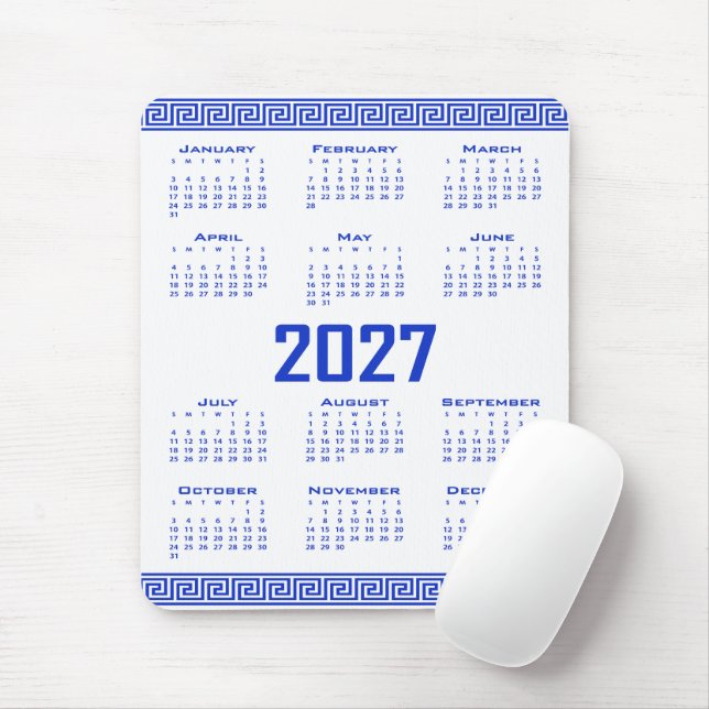 Mousepad Calendário 2027, Fretwork Grego, Azul Grego sobre  (Com mouse)