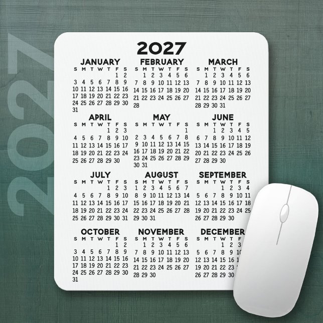 Mousepad Calendário 2027 - fundo branco - Vertical (2027 Calendar Mousepad)