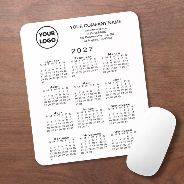 Mousepad Calendário 2027 Logo e Texto Branco da Empresa (2027 Calendar Business Logo and Text White Mouse Pad in situ)