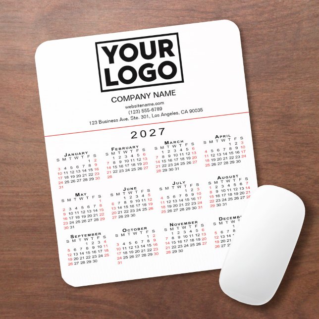 Mousepad Calendário 2027 Logotipo e Texto em Branco (2027 Calendar Business Logo and Text on White Mouse Pad in situ)