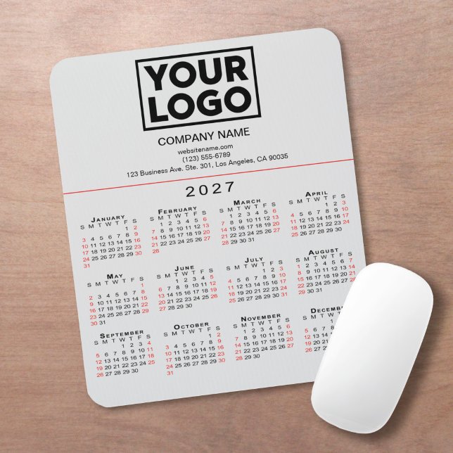 Mousepad Calendário 2027 Logotipo e Texto em Cinza (2027 Calendar Business Logo and Text on Grey Mouse Pad in situ)