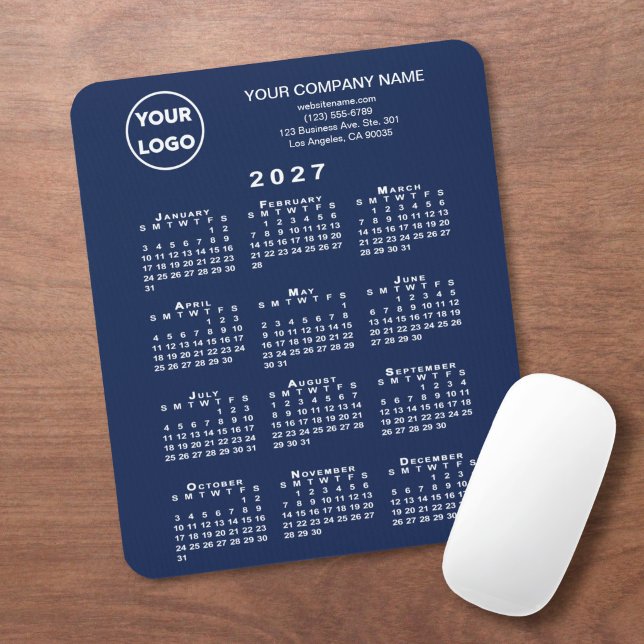 Mousepad Calendário 2027 Logotipo Texto Azul Marinho (2027 Calendar Business Logo Text Navy Blue Mouse Pad in situ)