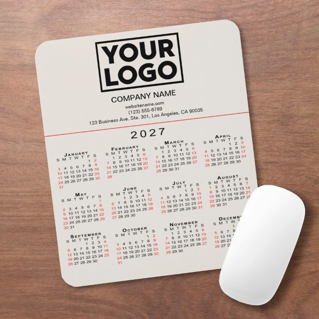 Mousepad Calendário 2027 Logotipo Texto Bege (2027 Calendar Business Logo Text Beige Mouse Pad in situ)