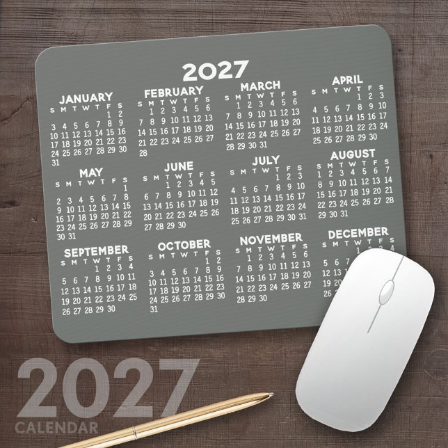 Mousepad Calendário 2027 - moderno cinza e branco simples (2027 Calendar Mousepad)