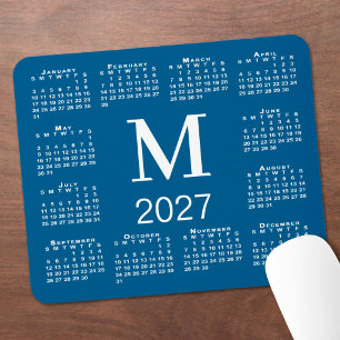 Mousepad Calendário 2027 Monograma Azul e Branco