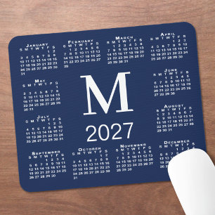 Mousepad Calendário 2027 Monograma Azul Marinho e Branco