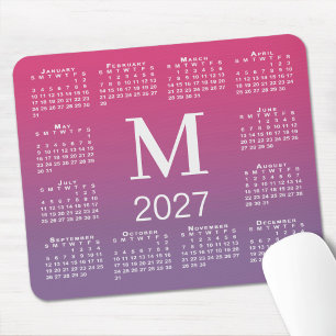 Mousepad Calendário 2027 Monograma Rosa ao Gradiente Roxo
