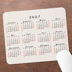 Mousepad Calendário 2027 Simples Bege Preto Vermelho