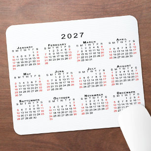 Mousepad Calendário 2027 Simples Branco Preto Vermelho