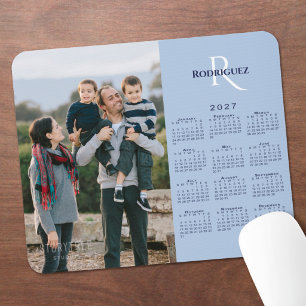 Mousepad Calendário 2027 Sua Foto Monograma Nome Azul Claro