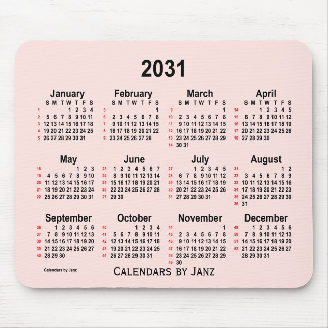 Mousepad Calendário 2031 Misty Rosa 52 Semanas por Janz (Frente)