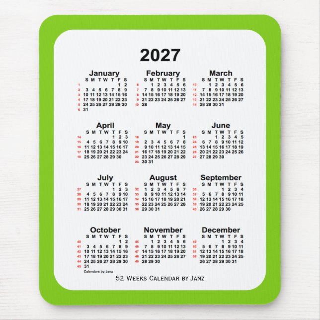 Mousepad Calendário Amarelo Verde de 52 Semanas 2027 por Ja (Frente)