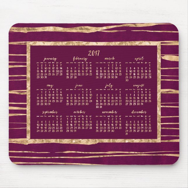 Mousepad Calendário Anual 2017 - Folha de Ouro Magenta (Frente)