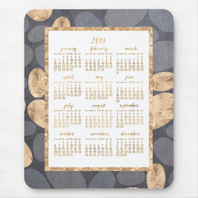 Mousepad Calendário Anual 2019 - Cinza Escura de Folha Ouro (Frente)