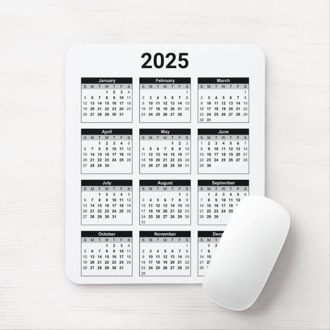 Mousepad Calendário anual 2025 dos EUA a preto e branco (Com mouse)