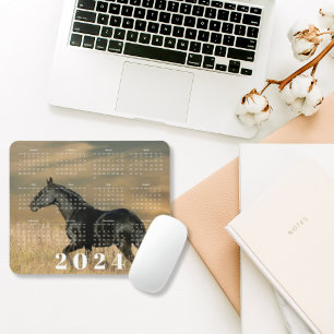 Mousepad Calendário Anual Cavalo Preto Lindo no Pôr do Sol