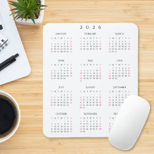 Mousepad Calendário Anual de 2026 para Escritório Residenci