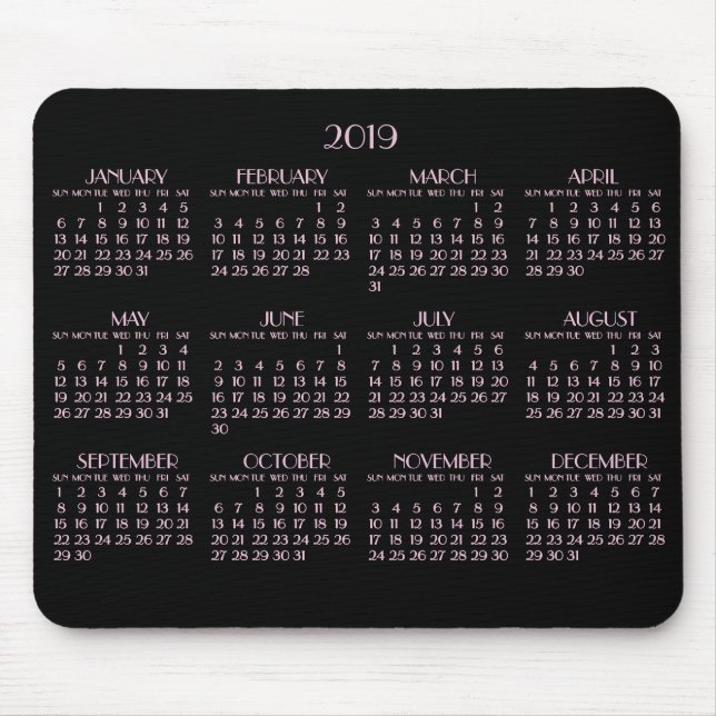 Mousepad Calendário Anual Rosa-Rosa-Arte Preta 2019 Mousepa (Frente)
