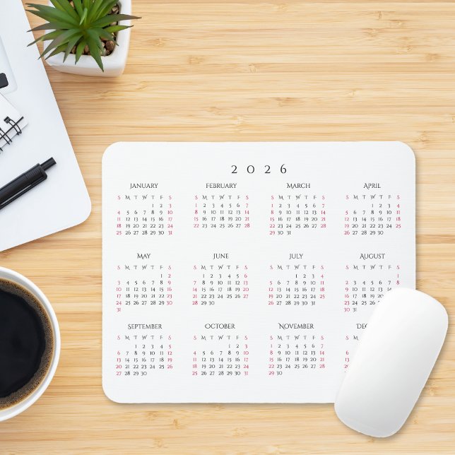 Mousepad Calendário Anual Simples para Escritório em Casa 2 (Simple Home Office 2026 Full Year Yearly Calendar Mouse Pad)