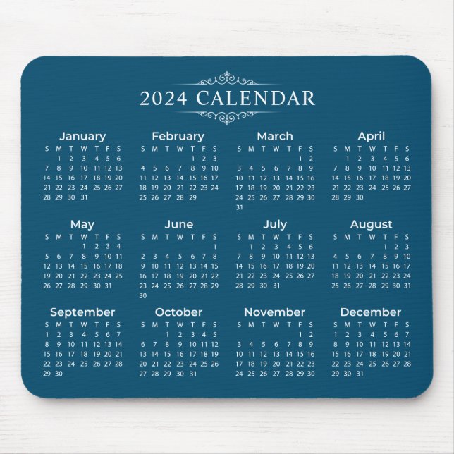 Mousepad Calendário Azul 2024 Simples, Mas Elegante | Mouse (Frente)