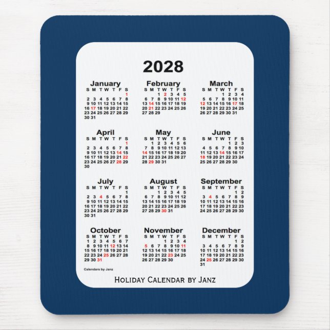 Mousepad Calendário azul da Polícia de Férias de 2028, por  (Frente)