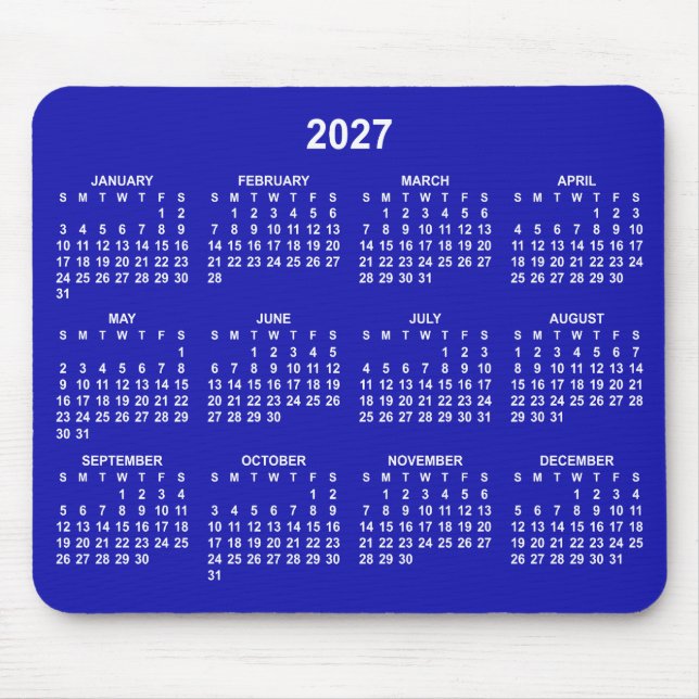 Mousepad Calendário Azul Real e Branco 2027 (Frente)