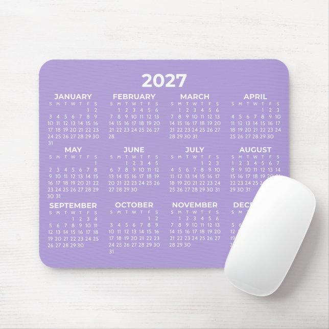 Mousepad Calendário Básico Ano Completo 2027 Lavanda Branco (Com mouse)