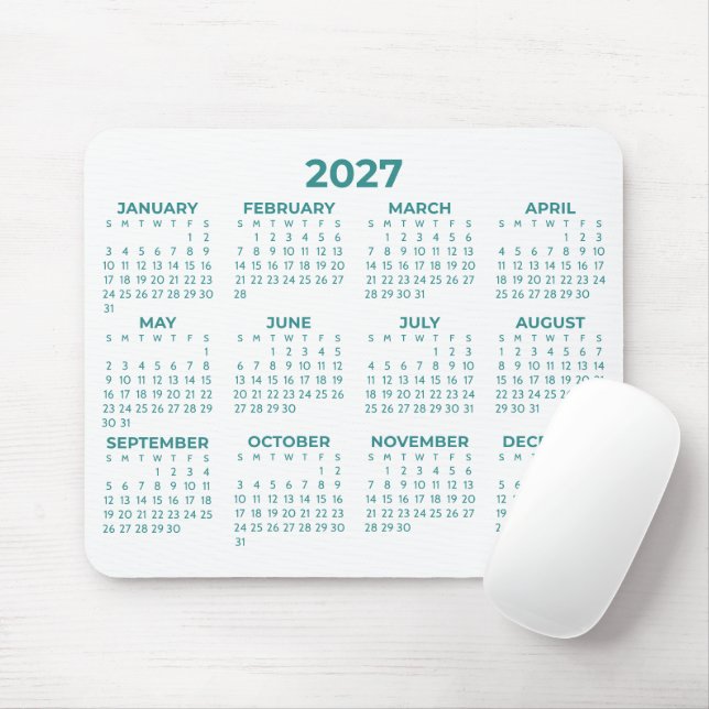 Mousepad Calendário Básico Ano Inteiro 2027 Azul Turquesa B (Com mouse)