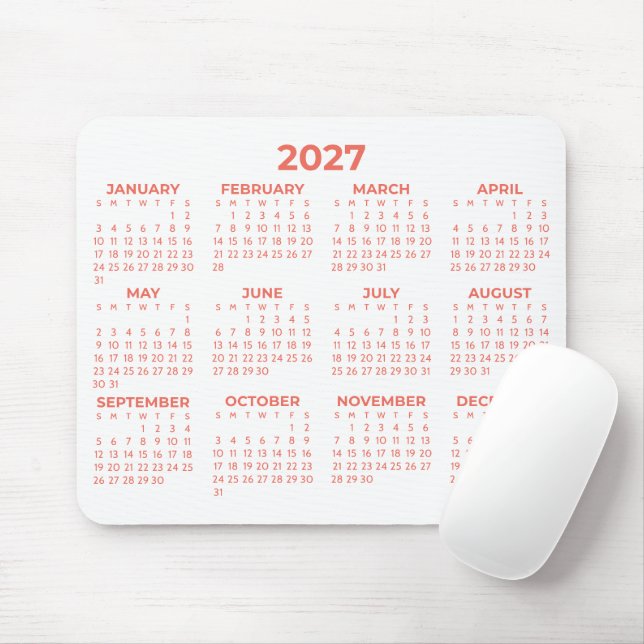 Mousepad Calendário Básico Coral Branco Ano Completo 2027 (Com mouse)