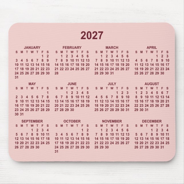 Mousepad Calendário Blush Burgundy 2027 (Frente)