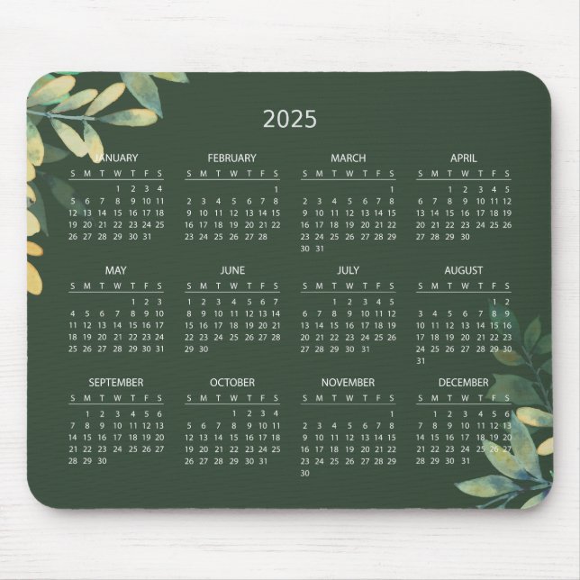Mousepad Calendário Botânico Elegante Simples 2025 | Mousep (Frente)