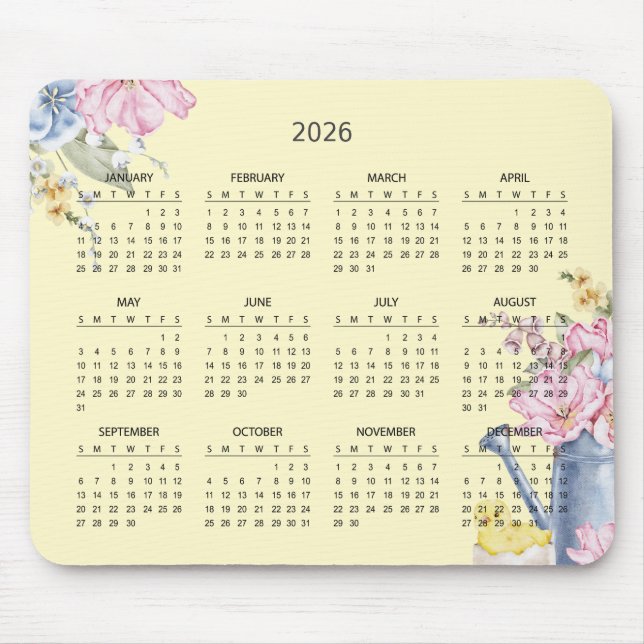 Mousepad Calendário Botânico Elegante Simples 2026 | Mousep (Frente)