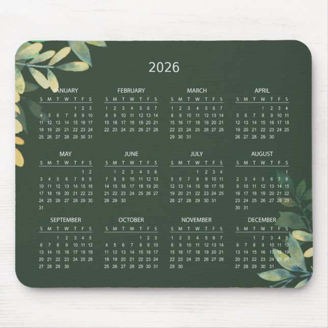 Mousepad Calendário Botânico Elegante Simples 2026 | Mousep (Frente)