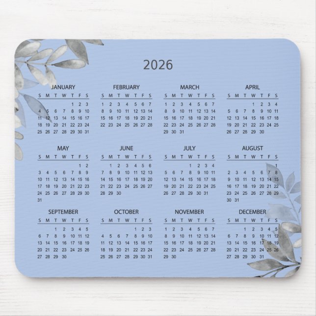Mousepad Calendário Botânico Elegante Simples 2026 | Mousep (Frente)