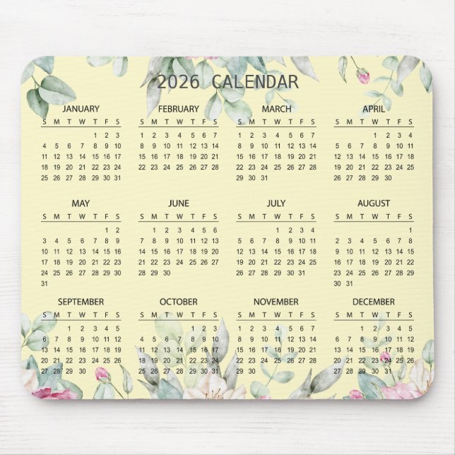 Mousepad Calendário Botânico Simples Elegante 2026 | Mousep (Frente)
