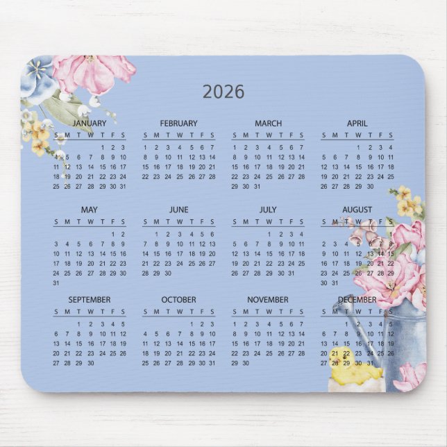 Mousepad Calendário Botânico Simples Elegante 2026 | Mousep (Frente)