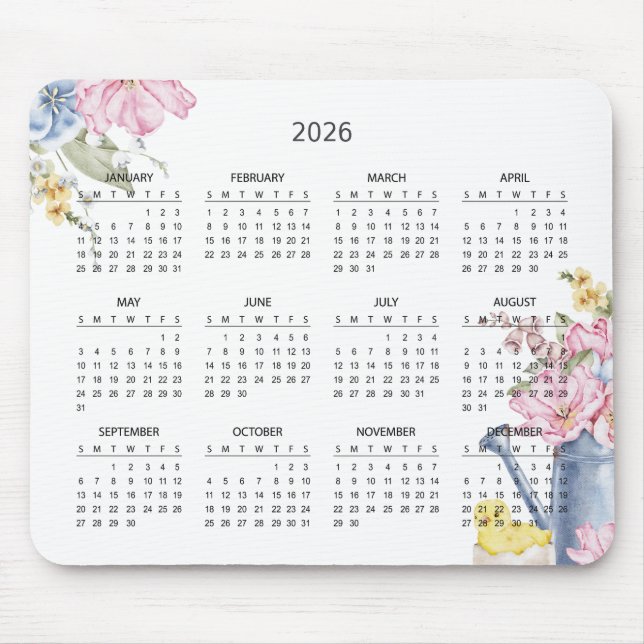 Mousepad Calendário Botânico Simples Elegante 2026 | Mousep (Frente)