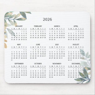 Mousepad Calendário Botânico Simples Elegante 2026 Mousep
